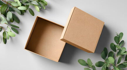 wooden box with green leaves on wooden background