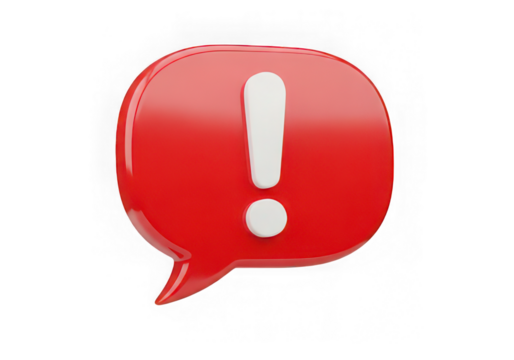 Red speech bubble with white exclamation mark symbol, representing alert, warning, or important notification, isolated on transparent background