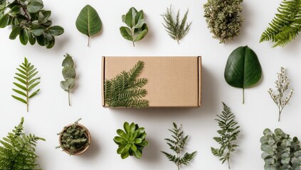 Natural Greenery Arrangement Around Cardboard Box Flat Lay Composition.