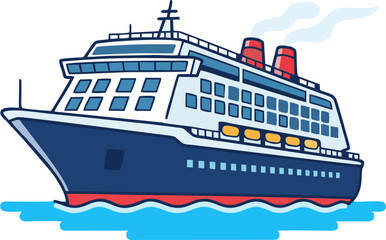 Obraz premium Modern Cruise Ship Vector Illustration – Flat Cartoon Ocean Liner with Smokestacks on Blue Sea