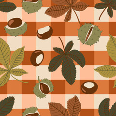 Warm chestnut gingham with fruits leaves perfect for rustic aprons, farmhouse curtains, autumn craft