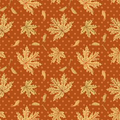 Polka dots, maple leaves seamless pattern autumn color, brown, green, caramel, pastel shades textile