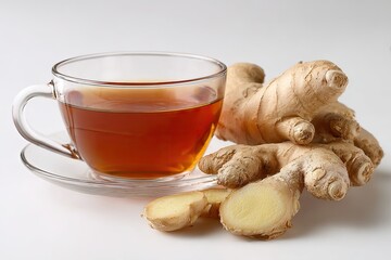 A clear glass teacup filled with amber-colored tea sits beside a bunch of fresh ginger root with slices