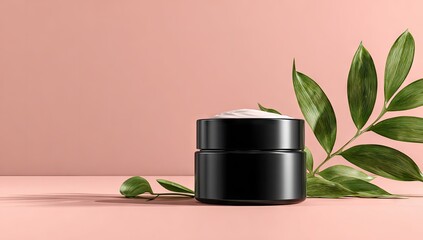 Elegant black jar of cosmetic cream with natural green leaves on pink background.