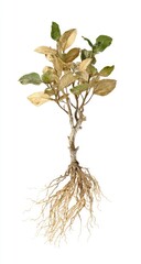 Dried plant with visible roots against a white background.  The plant's leaves are light brown and yellow, and the roots are light beige