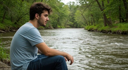 A thoughtful young man sits by a flowing river, contemplating the tranquil natural scene.