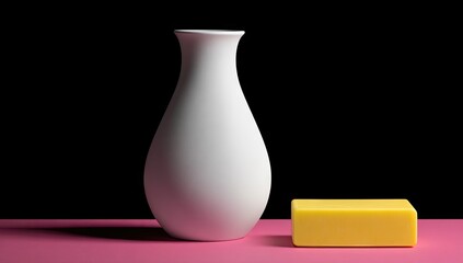 Minimalist still life composition featuring a white vase and a yellow object.