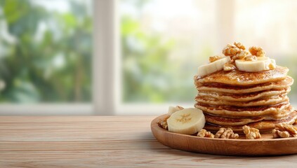 Delicious stack of golden pancakes with fresh banana slices and crunchy walnuts.