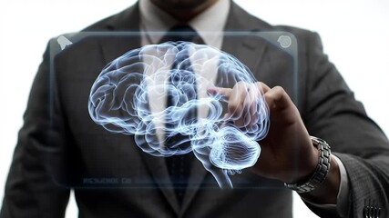 Man in Gray Suit Interacting with Brain Model Hologram on Transparent Screen Against White Background - Powered by Adobe