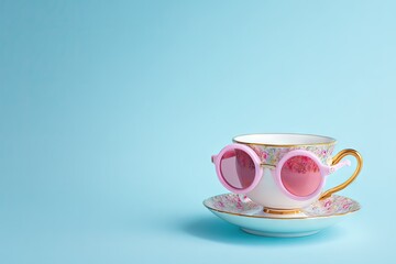 Charming vintage teacup wearing pink heart shaped sunglasses on a blue background.