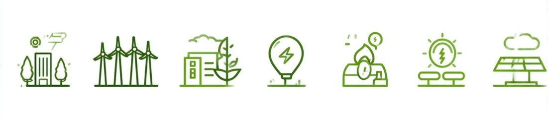 Green energy icons.  Simple line illustrations of various renewable energy sources, including wind turbines, solar panels, and energy-efficient buildings.  Icons are stylized,