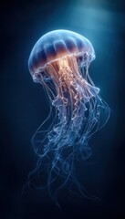 A luminous jellyfish, showcasing intricate details and vibrant color gradients, gracefully floats in a dark underwater realm.