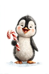 Obraz premium 3D cartoon penguin with candy cane happy cheerful face isolated on white background