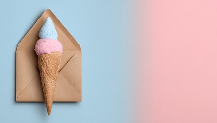 Creative flat lay of pastel ice cream cone in brown envelope on split background.