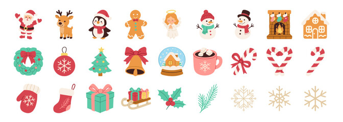 A collection of Christmas icons including Santa Claus, reindeer, snowmen, gingerbread men, and wreaths