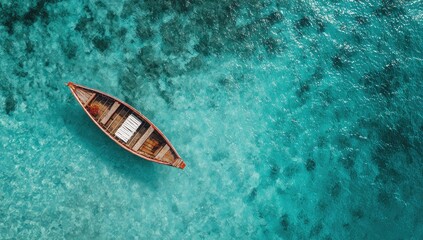 Aerial view of a lone wooden rowboat drifting peacefully in crystal clear turquoise ocean waters.