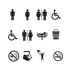 Collection of Black and White Pictogram Icons Representing Public Facilities and Regulations Guidance Symbol Set Vector Illustration