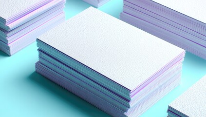 Stacks of blank white business cards for branding mockup on a blue background.
