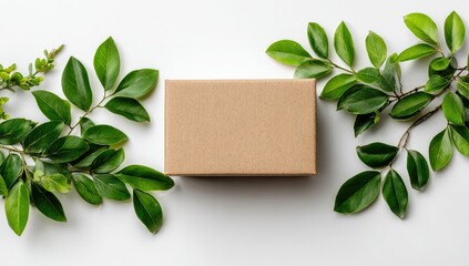 Natural Eco Friendly Product Packaging Box Surrounded by Green Leaves.