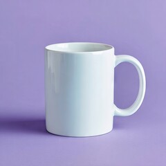 White ceramic coffee mug mockup on a solid purple background.