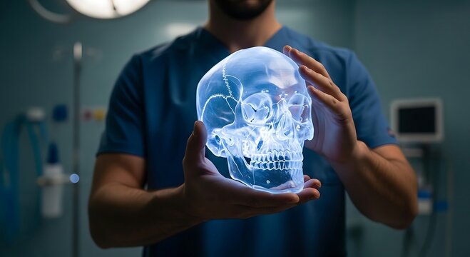 Surgeon Holding Holographic Human Skull in Operating Room; Medical Technology, Neurosurgery, Healthcare. - Powered by Adobe