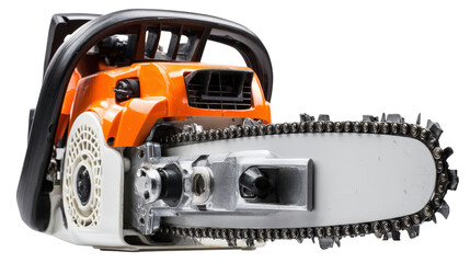 Fototapeta premium Side profile of electric chainsaw showing chain tensioner background isolated on a Transparent background, PNG file.