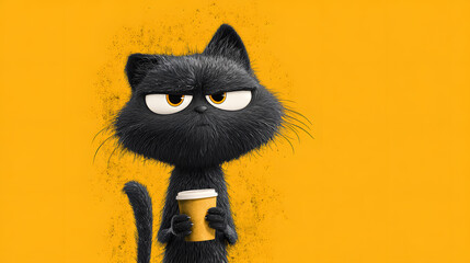 Black cat holding a mug