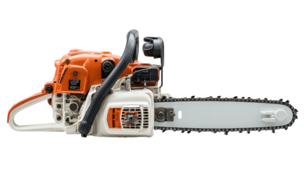 Side profile of electric chainsaw showing chain tensioner background isolated on a Transparent background, PNG file.