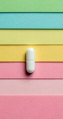 Minimalist white pill capsule centered on a vibrant pastel striped background.
