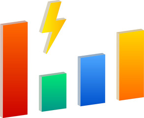 3D Colorful Bar Chart with Lightning Icon Isolated on Transparent Background