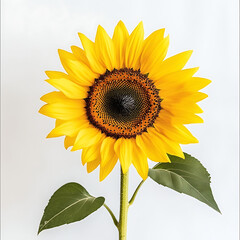 Obraz premium Bright yellow sunflower with green leaves isolated on white background