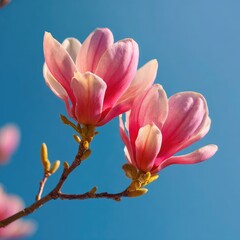 Fototapeta premium Two pink magnolia blossoms against a bright blue sky