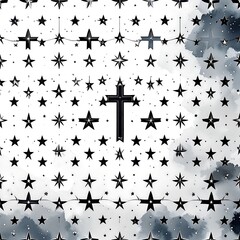 A repeating pattern of black crosses and stars on a white background, with a soft, gray watercolor-like effect