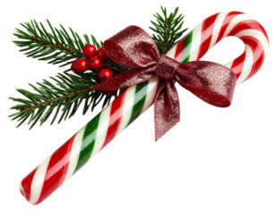 Christmas bow with candy cane and pine decoration isolated png transparent background