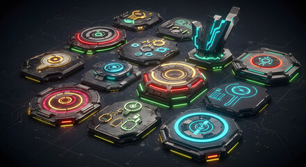 Futuristic success glowing digital icons