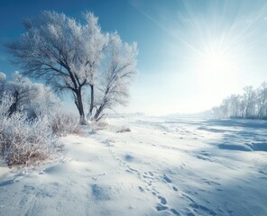 Winter Wonderland Frosty Trees Sunny Day Snowy Landscape.