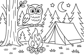 Night Camping Scene with Cute Owl and Campfire - Black and White Coloring Page for Kids