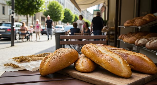 Freshly baked breads on streetside table