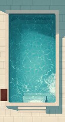 Sunlit rectangular swimming pool with sparkling blue water from above.