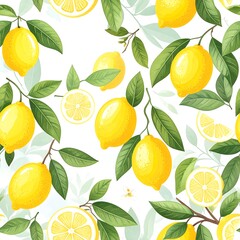 A repeating pattern of bright yellow lemons and leaves on a white background.  Fresh, vibrant, and summery