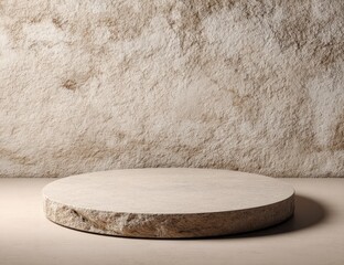 Natural Wooden Slice Podium Display on Textured Stone Wall Background.