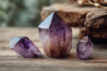 Three raw purple amethyst crystal points on a rustic wooden surface.