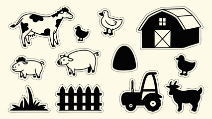 Farm Animals and Barn Elements Vector Icon Set – Flat Style Cow, Goat, Hen, Sheep, Tractor, Barn, Fence, Haystack and More, Educational Stickers for Kids Learning