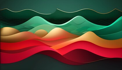 Naklejka premium Abstract waves of color flowing across the frame, layered in shades of green, red, orange, and gold.