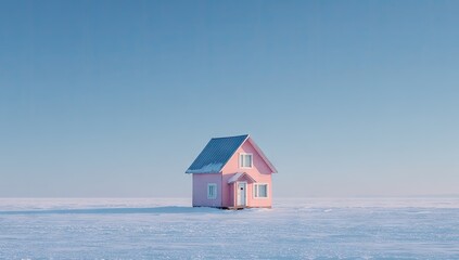 Minimalist Pink House in Vast Snowy Landscape Under Clear Blue Sky.