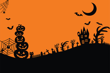 Halloween Sale Horizontal Banner with Ghost Spider Bat Pumpkin and Confetti on Orange Background Vector , happy halloween day background, pumpkin monster vector design