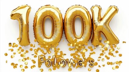 Bright golden balloons spell out 100k followers, surrounded by floating confetti. This moment captures a joyful celebration and milestone achievement in social media growth.