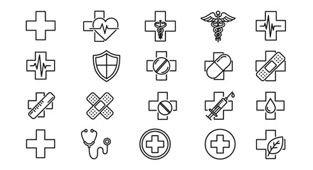 Fototapeta premium Collection of medical cross icons set with healthcare symbols for digital and print design vector
