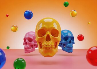 Three Colorful Skulls Floating With Spheres Against Orange Sky pink yellow