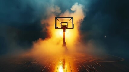 A basketball hoop stands tall under a glowing light, surrounded by a thick fog on a dark night. The scene creates a mysterious and captivating ambiance perfect for a game.